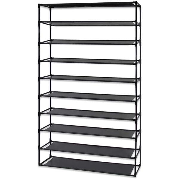 Simple Assembly 10 Tier Shoe Rack Detachable Non-Woven Waterproof Fabric Shoe Organizer Tower Space Saver Stackable Storage Shelf (Black)