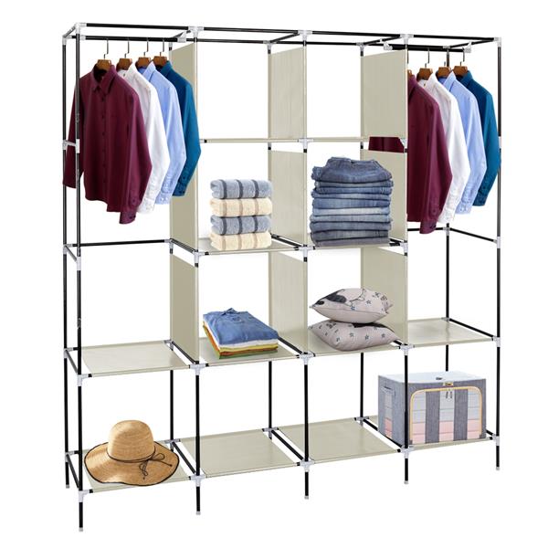 67" Clothes Closet Portable Wardrobe Clothes Storage Rack 12 Shelves 4 Side Pockets Beige