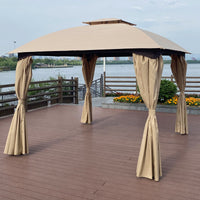 10 x 10 Ft Outdoor Patio Garden Gazebo Canopy With Curtains,Khaki Top