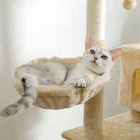 Multi-functional Cat Tree Tower with Sisal Scratching Post, 2 Cozy Condos, Top Perch, Hammock, Climbing ladder and Dangling Ball Beige