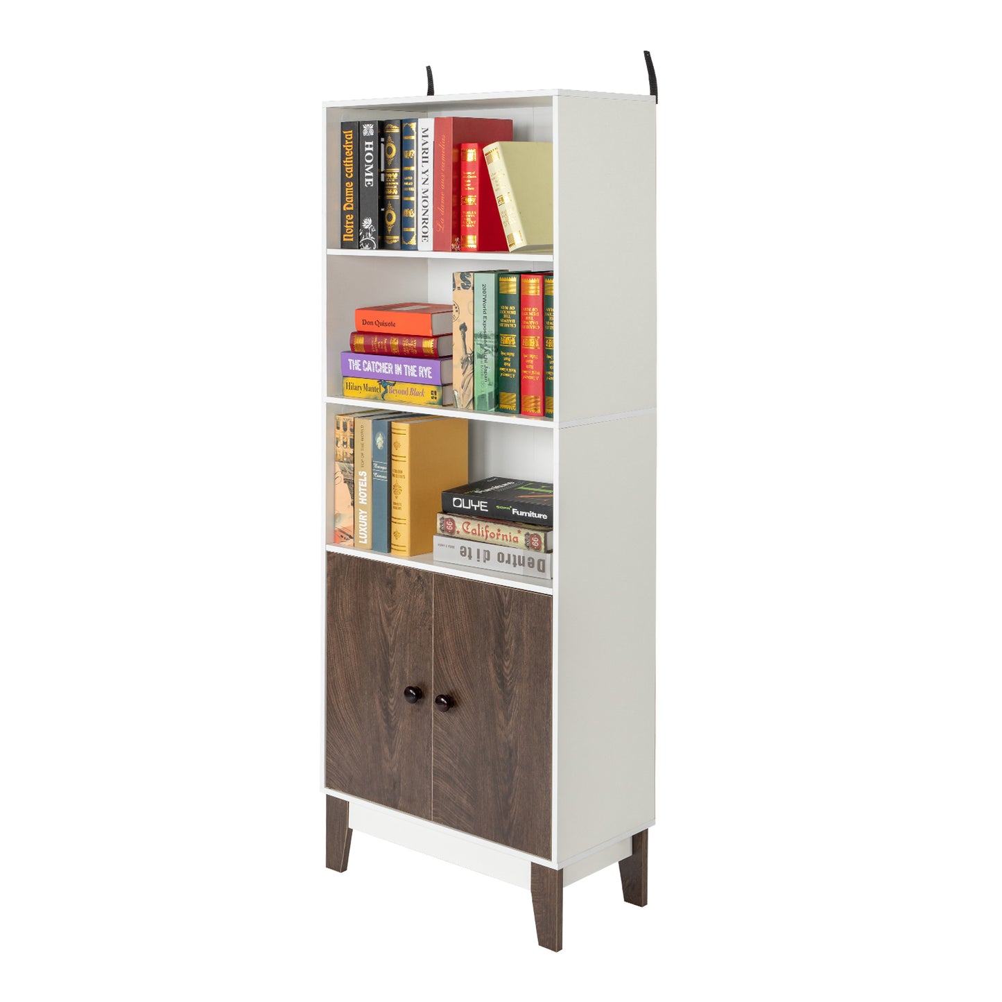 4 Tier Bookcase Storage Cabinet,Wooden Bookshelf with 2 Doors and 3 Shelves, Free Standing Floor Side Display Cabinet Decor Furniture for Home Office