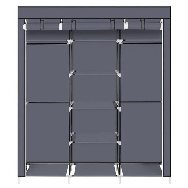 69" Portable Clothes Closet Non-Woven Fabric Wardrobe Double Rod Storage Organizer Gray