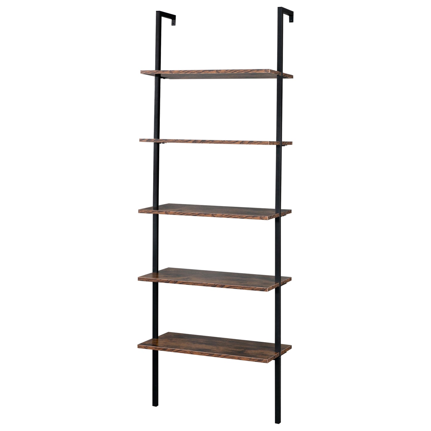 Industrial Wall Mounted Bookcase 5-Tier Open Ladder Shelf Bookshelf with Metal Frame, 23.6" L x 11.8" W x 70.9" H