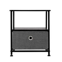 Nightstand 1-Drawer Shelf Storage- Bedside Furniture & Accent End Table Chest For Home, Bedroom, Office, College Dorm, Steel Frame, Wood Top, Easy Pull Fabric Bins Grey