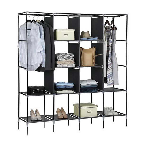 67" Clothes Closet Portable Wardrobe Clothes Storage Rack 12 Shelves 4 Side Pockets Gray