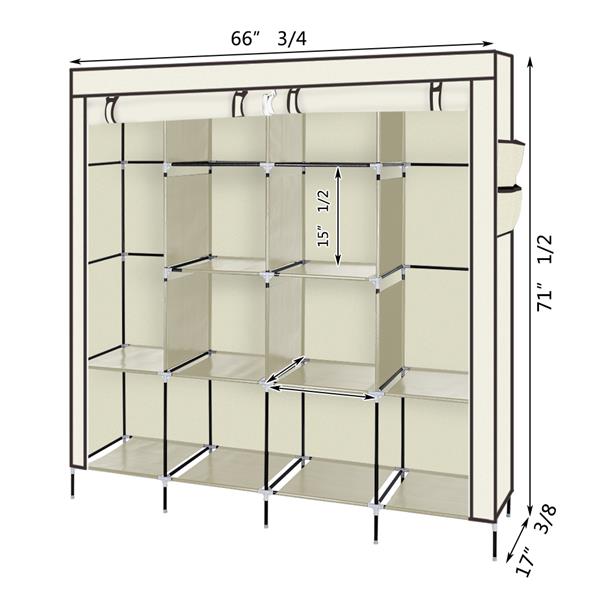 67" Clothes Closet Portable Wardrobe Clothes Storage Rack 12 Shelves 4 Side Pockets Beige