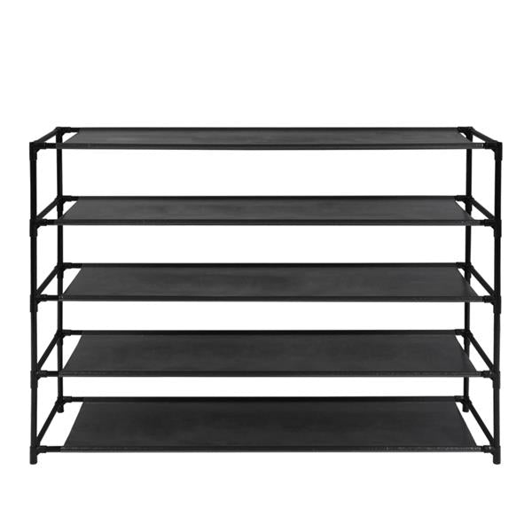 Simple Assembly 5 Tier Shoe Rack Detachable Non-Woven Waterproof Fabric Shoe Organizer Tower Space Saver Stackable Storage Shelf (Black)