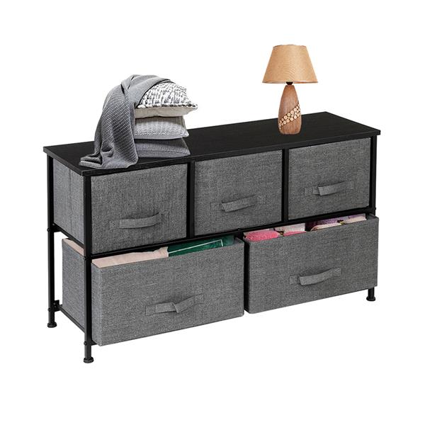 2-Tier Wide Closet Dresser, Nursery Dresser Tower with 5 Easy Pull Fabric Drawers and Metal Frame, Multi-Purpose Organizer Unit for Closets, Dorm Room, Living Room, Hallway, Grey