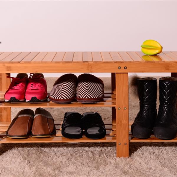 90cm Strip Pattern Tiers Bamboo Stool Shoe Rack with Boots Compartment Wood Color