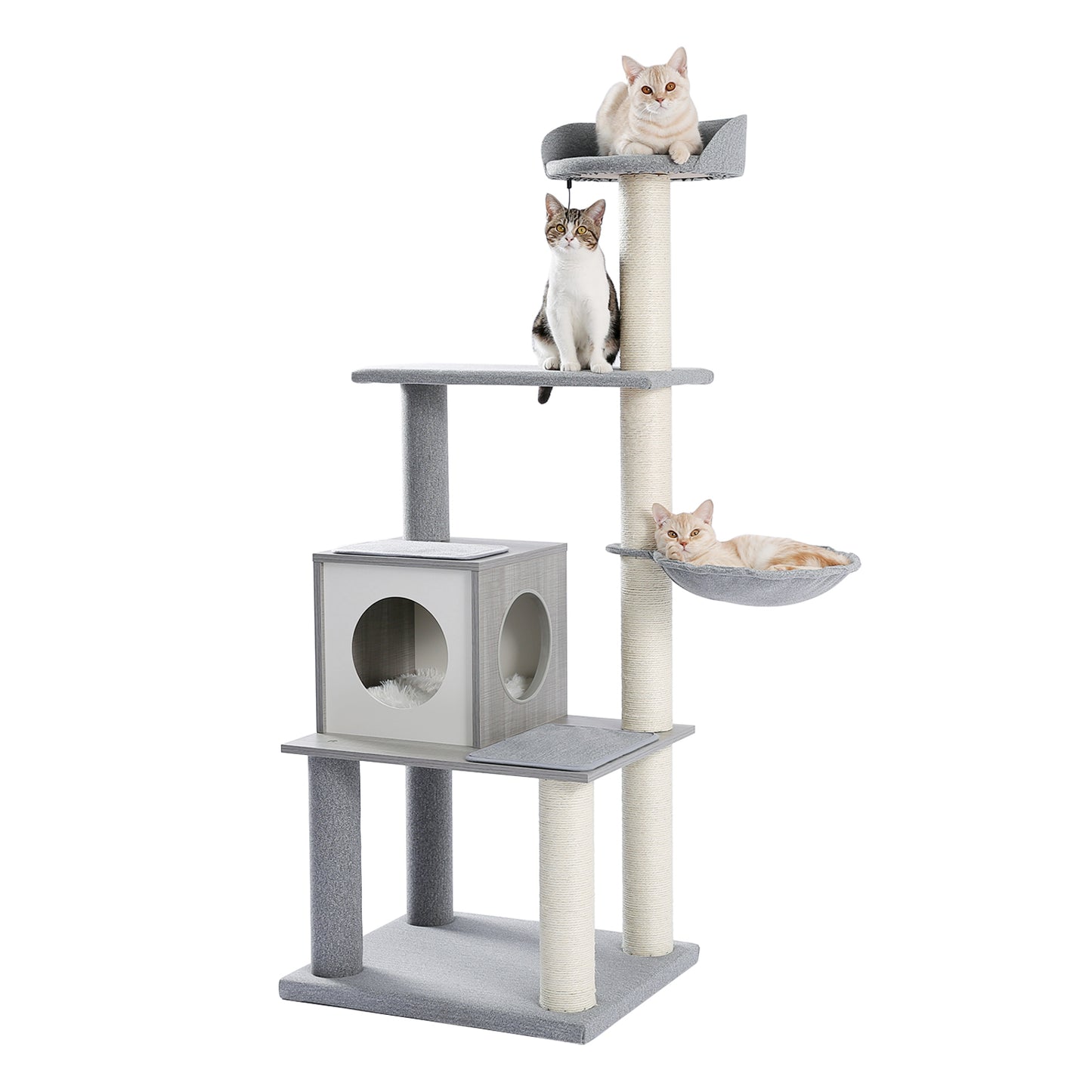 Modern Cat Tree Cat Tower with Scratching Posts, Cozy Condo, Soft Hammock and Top Perch, Dangling Ball for Small&Medium Cat Grey