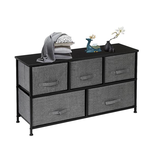 2-Tier Wide Closet Dresser, Nursery Dresser Tower with 5 Easy Pull Fabric Drawers and Metal Frame, Multi-Purpose Organizer Unit for Closets, Dorm Room, Living Room, Hallway, Grey