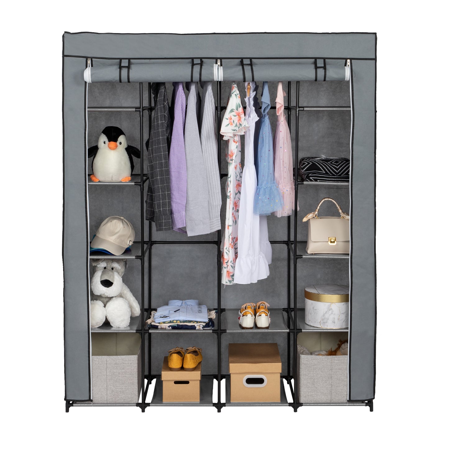 Portable Closet Organizer Storage, Wardrobe Closet with Non-Woven Fabric 14 Shelves, Easy to Assemble, Gray