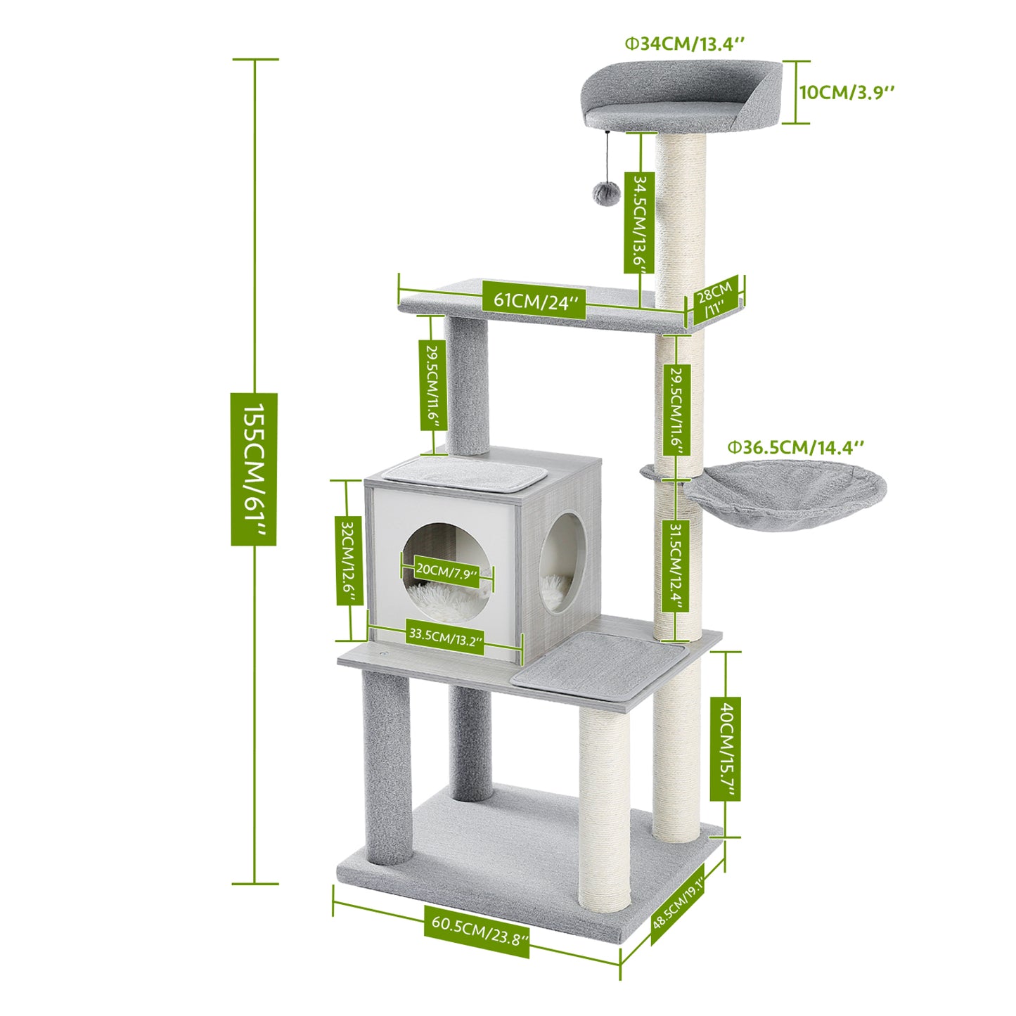 Modern Cat Tree Cat Tower with Scratching Posts, Cozy Condo, Soft Hammock and Top Perch, Dangling Ball for Small&Medium Cat Grey