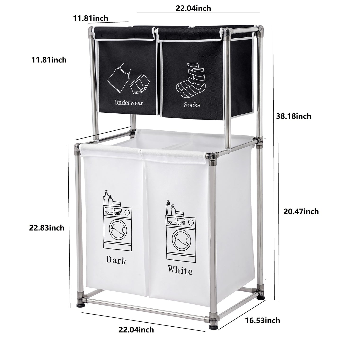 Laundry Hamper 2 Tier Laundry Sorter with 4 Removable Bags for Organizing Clothes,With four wheels for easy movement， Laundry, Lights, Darks