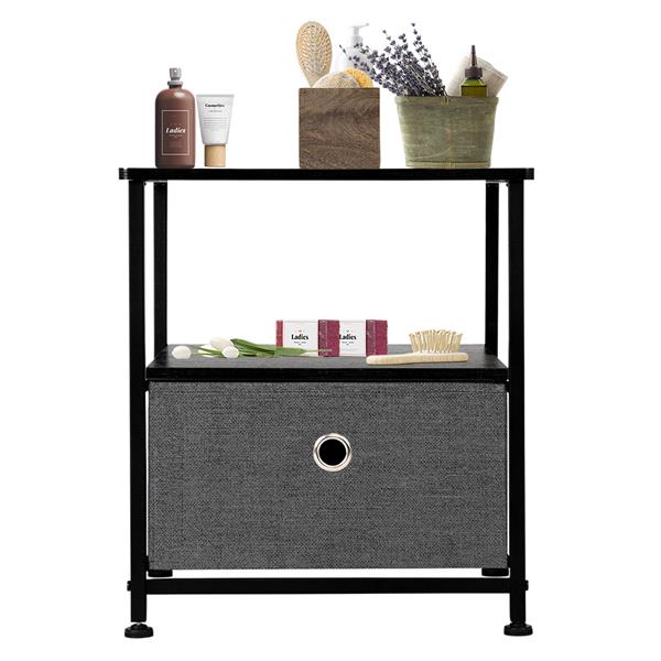 Nightstand 1-Drawer Shelf Storage- Bedside Furniture & Accent End Table Chest For Home, Bedroom, Office, College Dorm, Steel Frame, Wood Top, Easy Pull Fabric Bins Grey