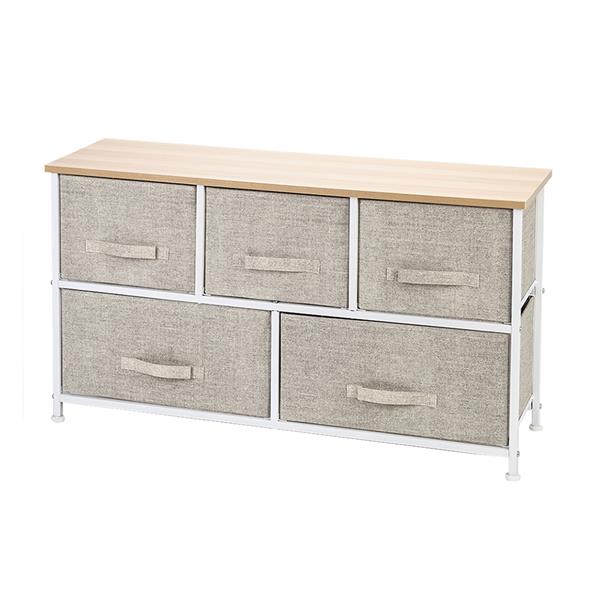 2-Tier Wide Closet Dresser, Nursery Dresser Tower With 5 Easy Pull Fabric Drawers And Metal Frame, Multi-Purpose Organizer Unit For Closets, Dorm Room, Living Room, Hallway, Linen/Natural