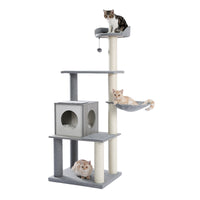 Modern Cat Tree Cat Tower with Scratching Posts, Cozy Condo, Soft Hammock and Top Perch, Dangling Ball for Small&Medium Cat Grey