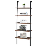 Industrial Wall Mounted Bookcase 5-Tier Open Ladder Shelf Bookshelf with Metal Frame, 23.6" L x 11.8" W x 70.9" H