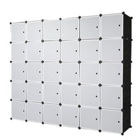 30 Cube Organizer Stackable Plastic Cube Storage Shelves Design Multifunctional Modular Closet Cabinet with Hanging Rod White Doors and Black Panels