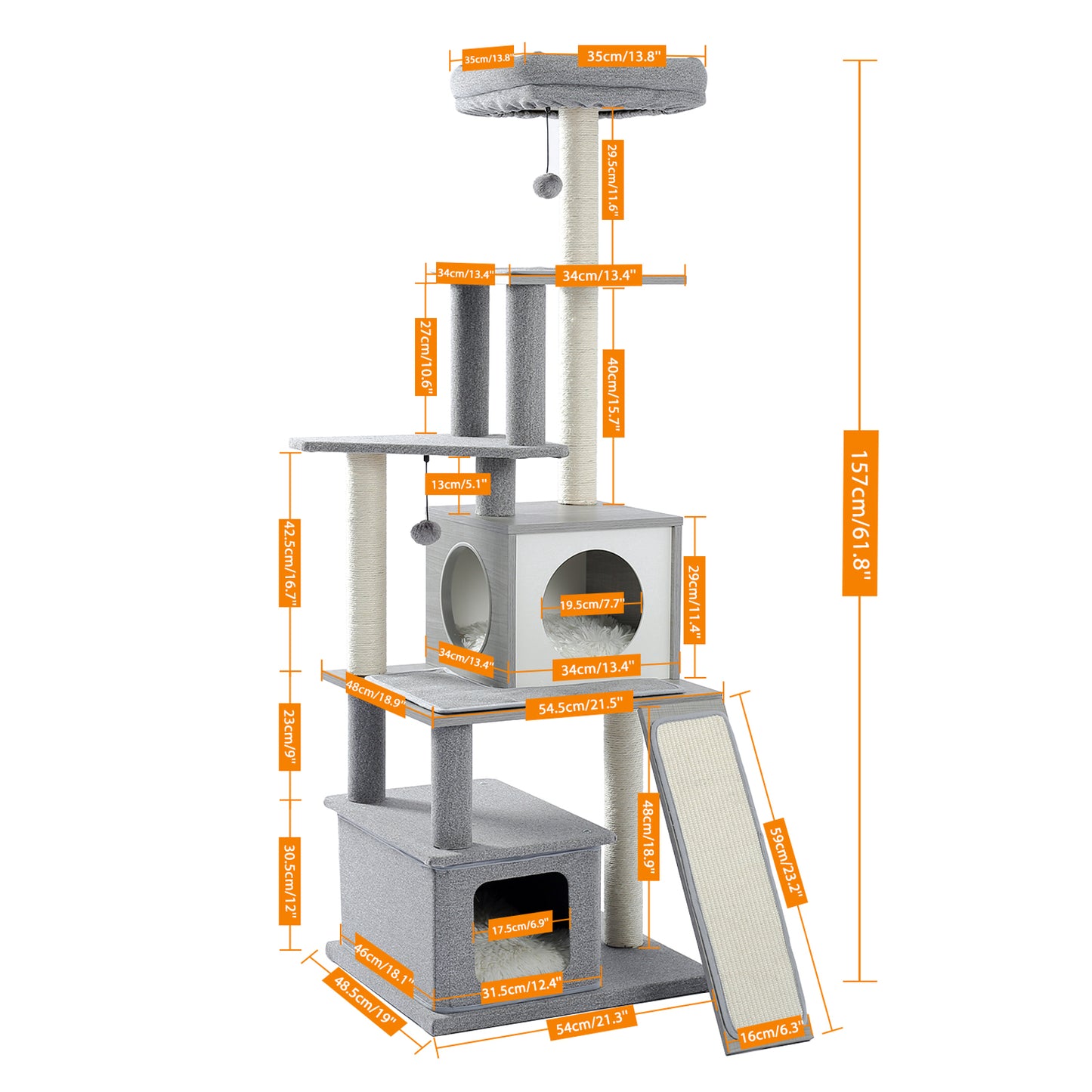 Modern Wood Cat Tree Tower With Scratching Posts, 2 Condos And Top Perch For Small&Medium Cat Grey (Minimum Retail Price for US: USD 119.99)