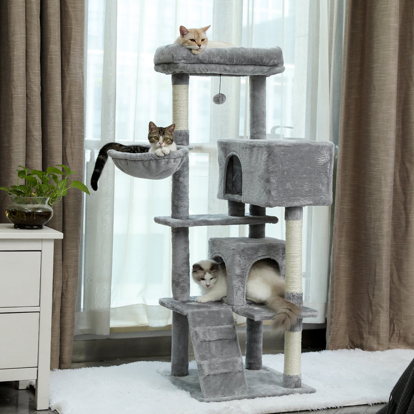 Multi-functional Cat Tree Tower with Sisal Scratching Post, 2 Cozy Condos, Top Perch, Hammock, Climbing ladder and Dangling Ball Beige