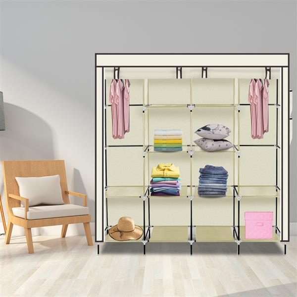 67" Clothes Closet Portable Wardrobe Clothes Storage Rack 12 Shelves 4 Side Pockets Beige