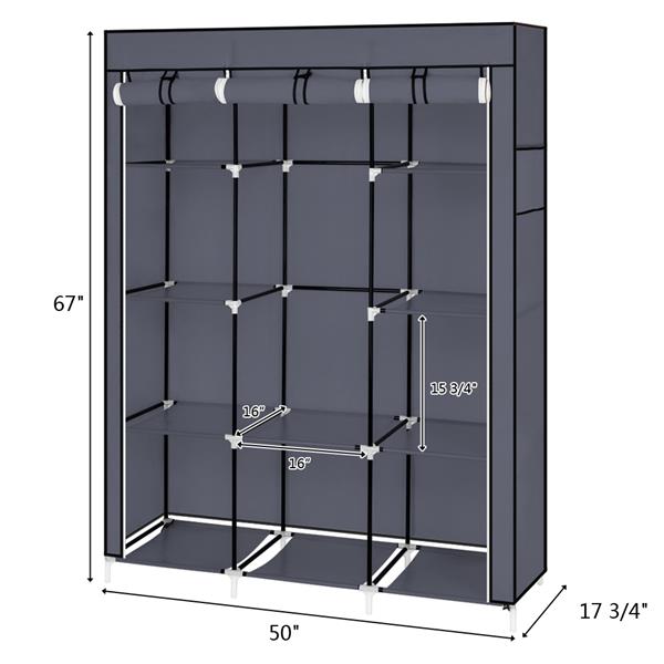 67" Portable Closet Organizer Wardrobe Storage Organizer with 10 Shelves Quick and Easy to Assemble Extra Space Gray