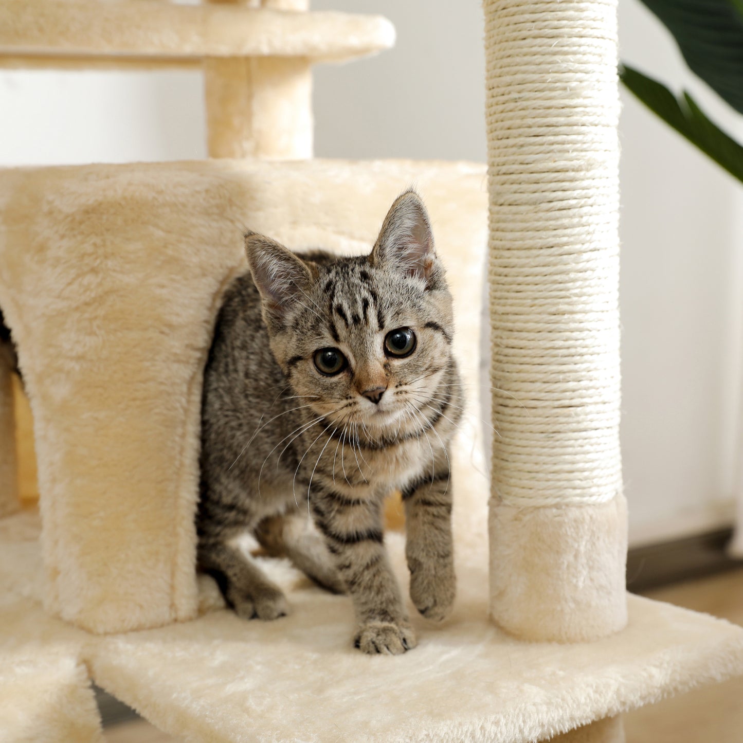 Multi-functional Cat Tree Tower with Sisal Scratching Post, 2 Cozy Condos, Top Perch, Hammock, Climbing ladder and Dangling Ball Beige