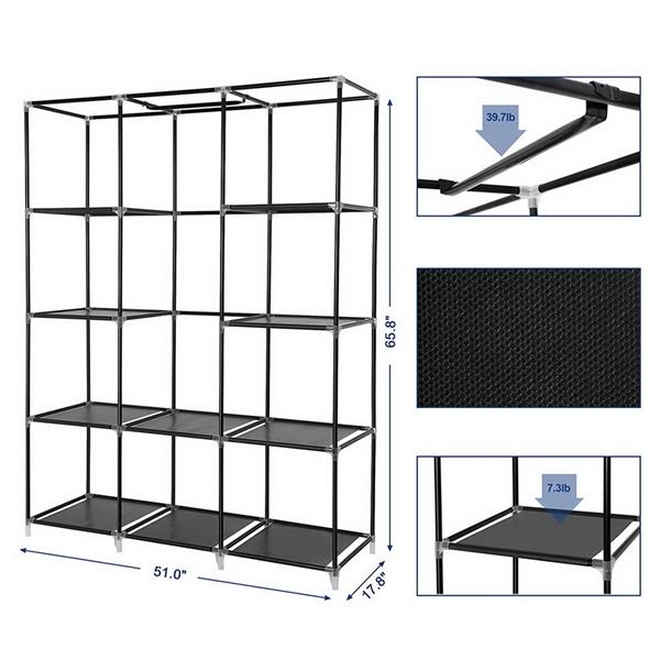 67" Portable Closet Organizer Wardrobe Storage Organizer with 10 Shelves Quick and Easy to Assemble Extra Space Black