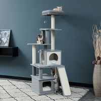 Modern Wood Cat Tree Tower With Scratching Posts, 2 Condos And Top Perch For Small&Medium Cat Grey (Minimum Retail Price for US: USD 119.99)