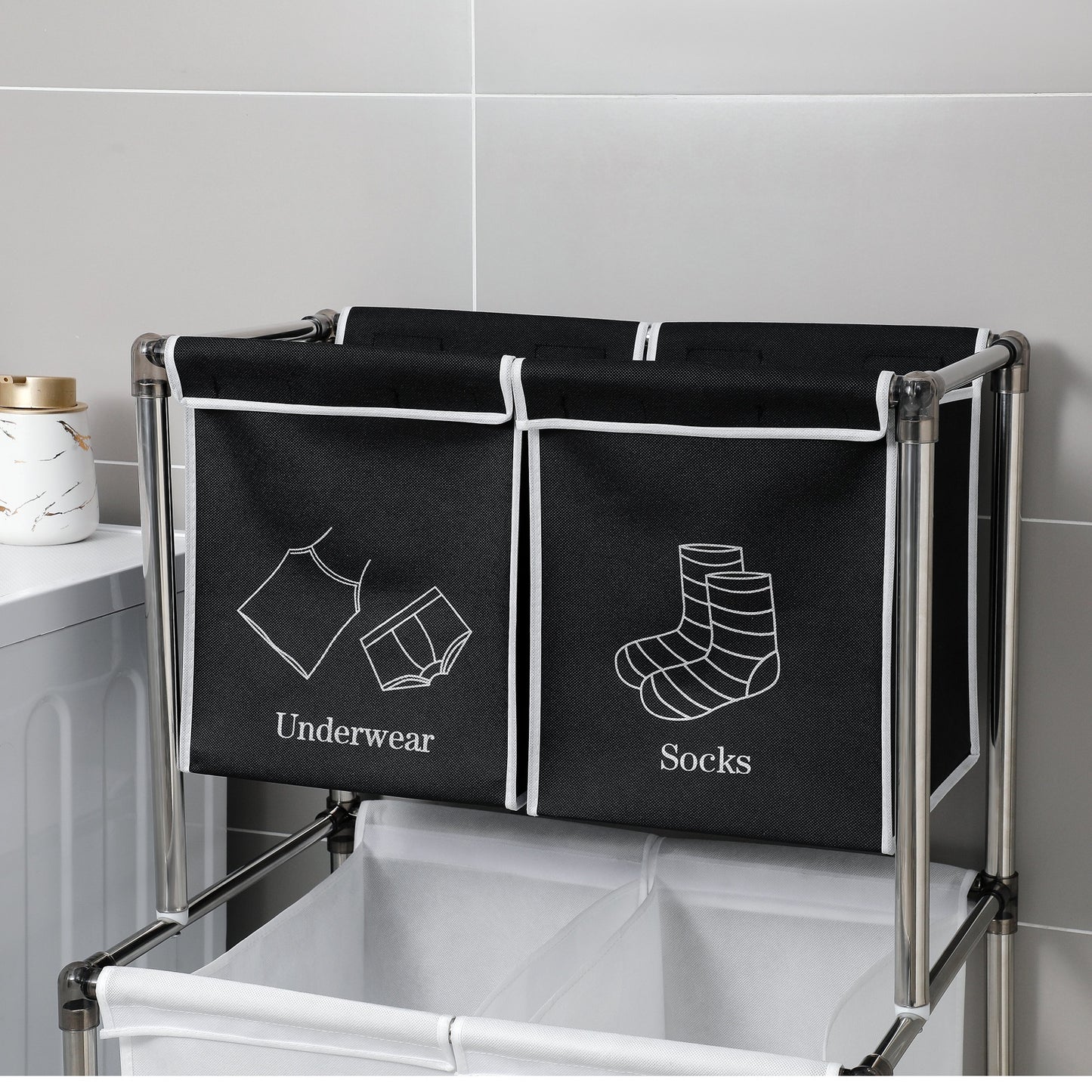 Laundry Hamper 2 Tier Laundry Sorter with 4 Removable Bags for Organizing Clothes,With four wheels for easy movement， Laundry, Lights, Darks