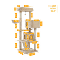 Multi-functional Cat Tree Tower with Sisal Scratching Post, 2 Cozy Condos, Top Perch, Hammock, Climbing ladder and Dangling Ball Beige