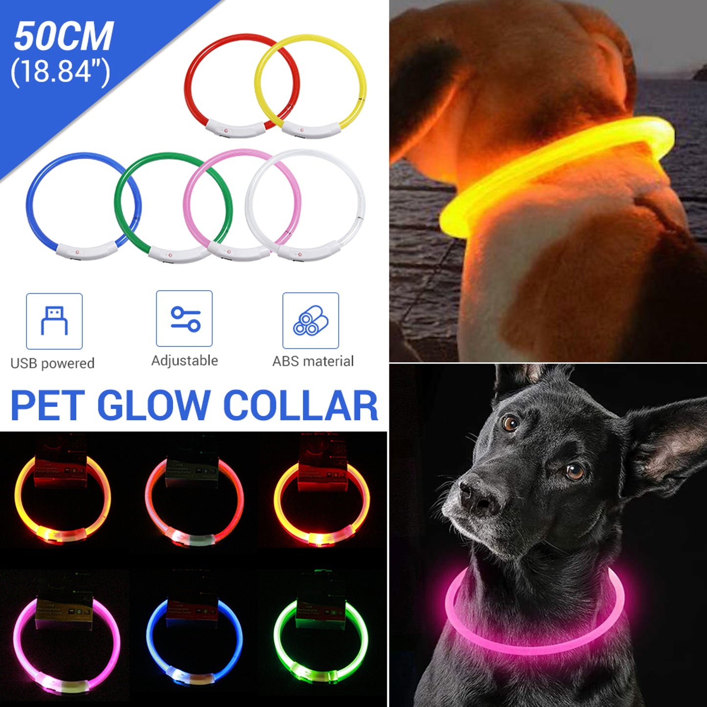 PET LED LIGHT-UP Glow-in-the-dark USB RECHARGEABLE COLLAR Dog Night Safety Flash